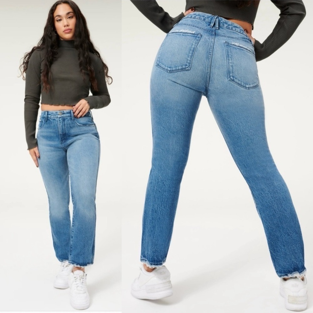 NEW GOOD AMERICAN Good Curve Straight Blue 858 Straight Leg Stretch Comfy Jeans